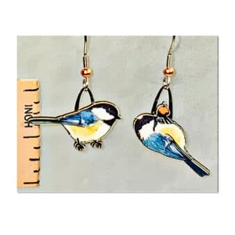 Jabebo Black-capped Chickadee Earrings, available at The Audubon Shop, the best shop for bird watchers, Madison CT